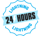 A badge graphic showing our Lightning Service where we turn around printed t-shirt orders in 24 hours, guaranteed