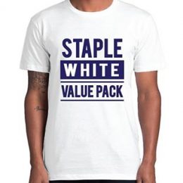 Image of a model in a printed white AS Colour Staple t-shirt with a graphic Staple White Value Pack printed on the front