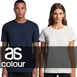 Male and female models wearing a matching AS Colour Staple and Maple Tees overlaid with an AS Colour logo