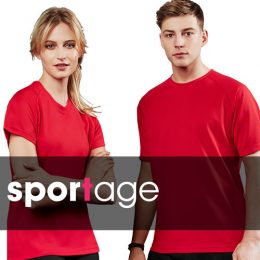 Male and female couple wearing matching red Spotage surf tees
