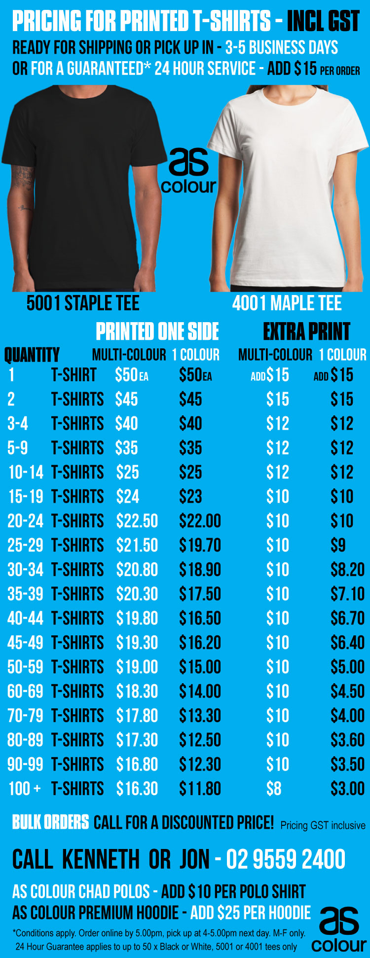 T Shirt Pricing Chart